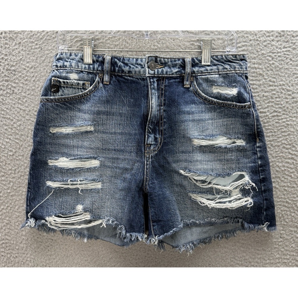 Kancan Shorts Womens 7/27 Blue Denim High Rise Girlfriend Cut Offs Distressed‎